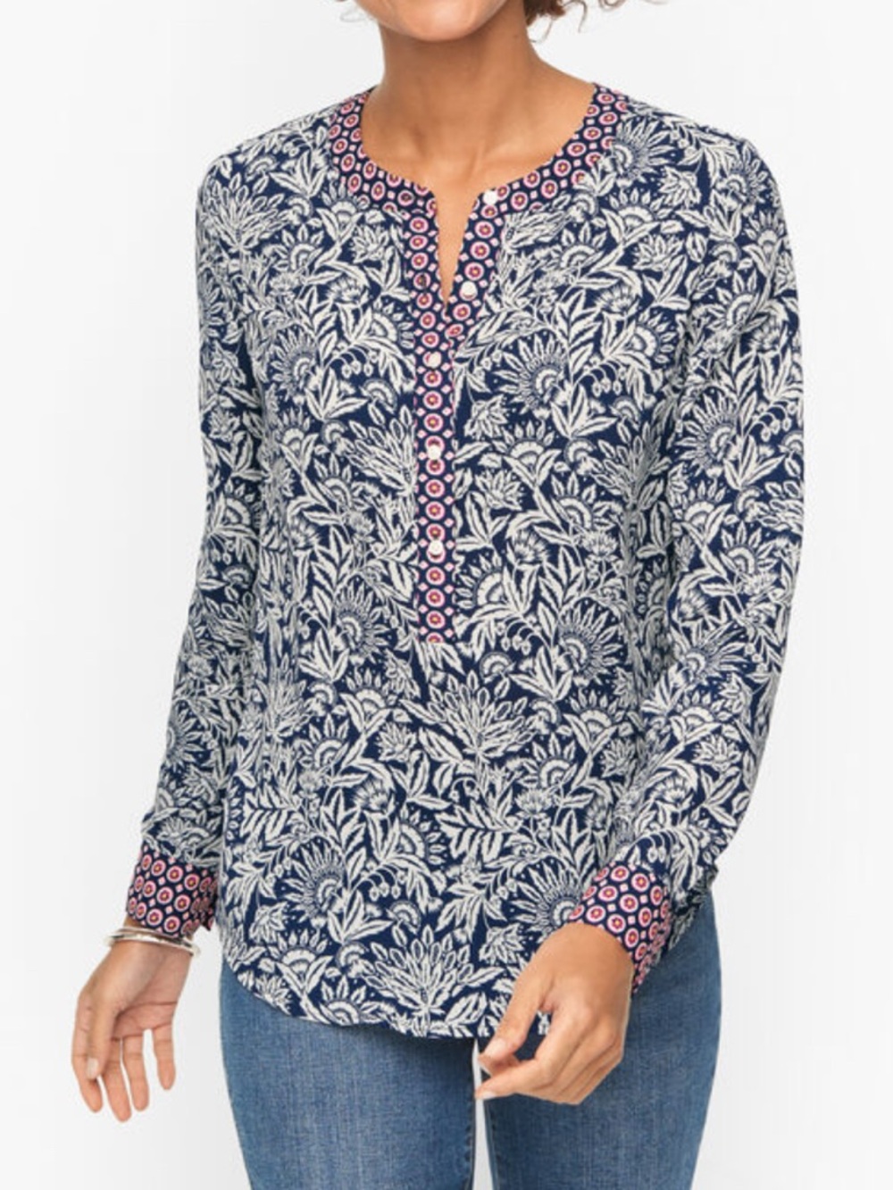 Talbot Womens Band Collar Popover Tossed Flowers Blouse Sz Md